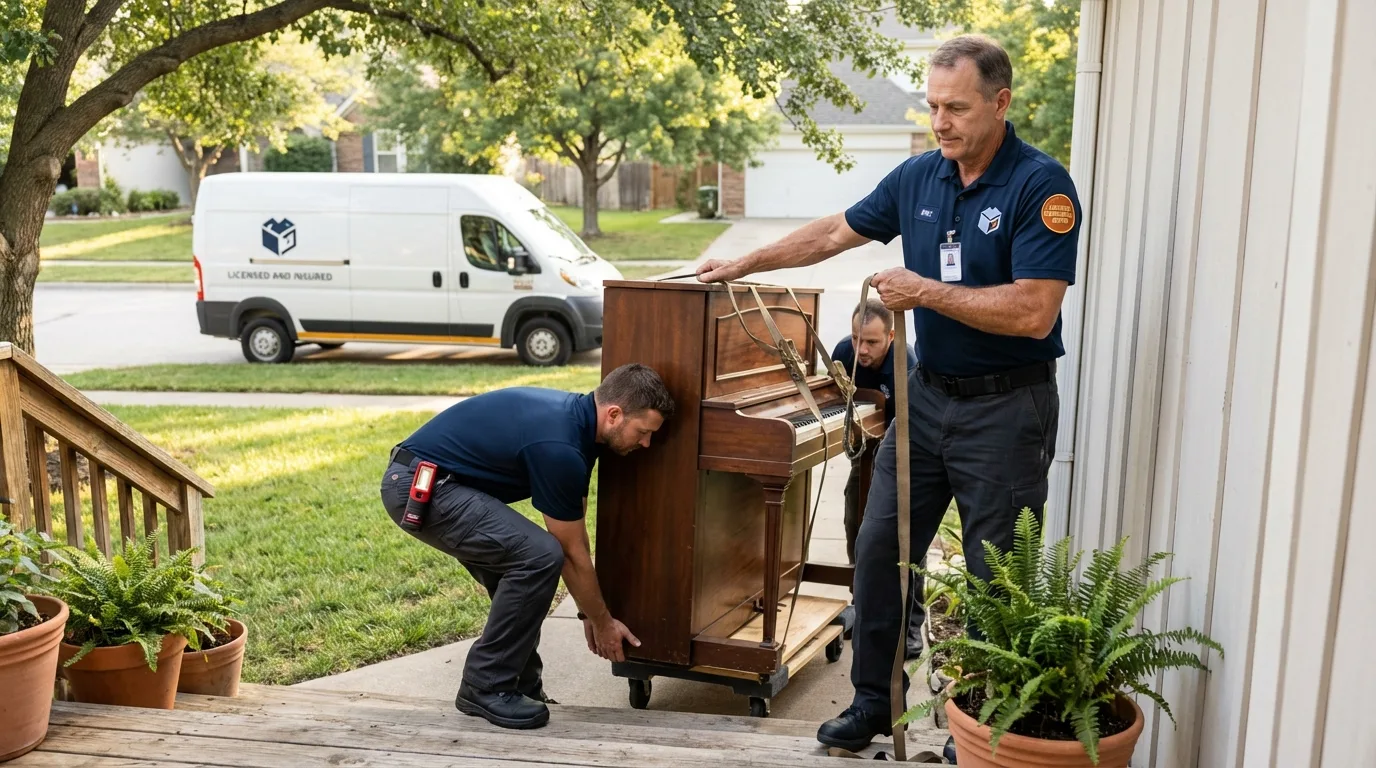 Licensed piano movers securing grand piano in Rock Hill, SC