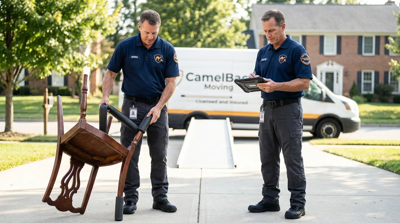 Movers inspecting furniture for damage prevention before loading in Rock Hill, SC