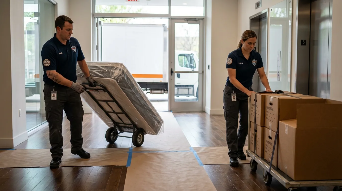 Professional apartment movers loading elevator in Rock Hill, SC