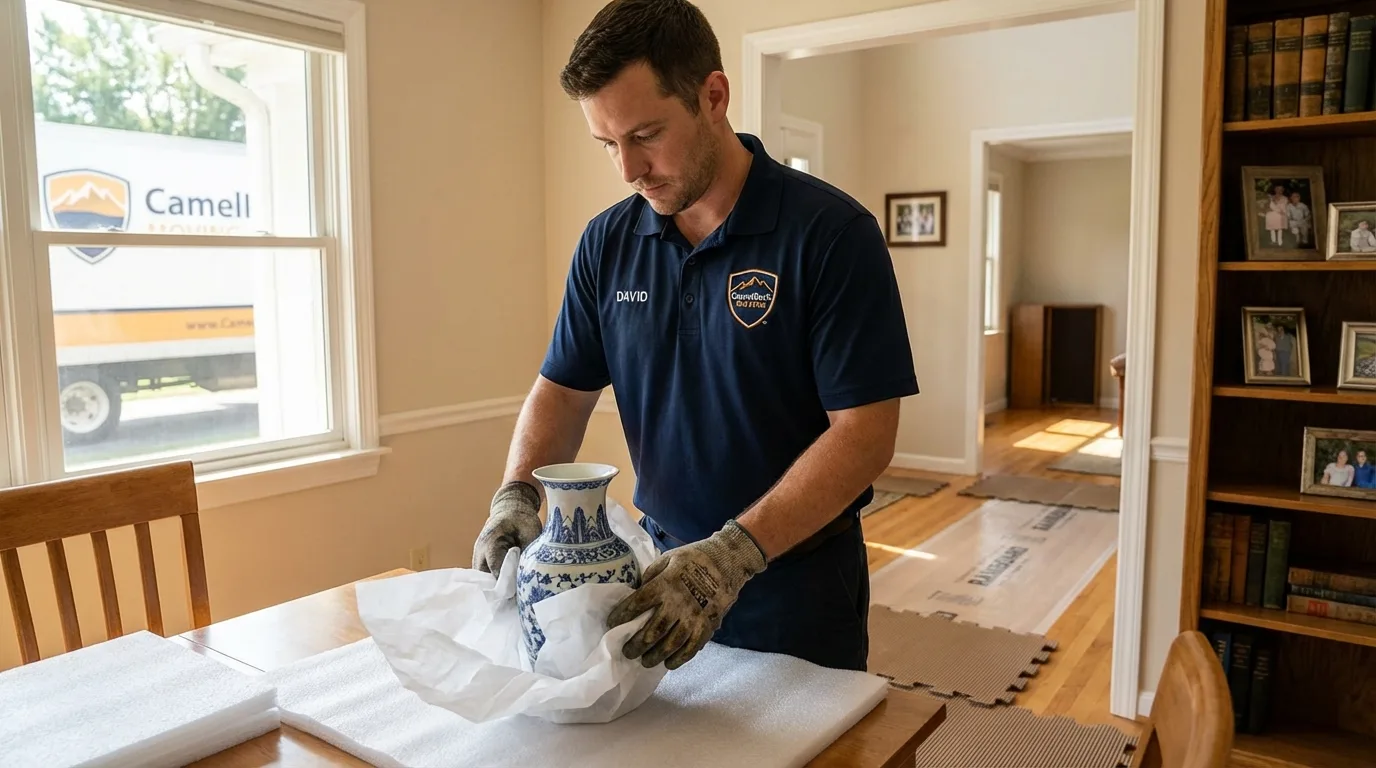 Professional crew carefully wrapping antique vase for senior downsizing move in Rock Hill, SC